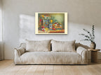 Native Blooms and Old Tins floral canvas print on the wall of a living room