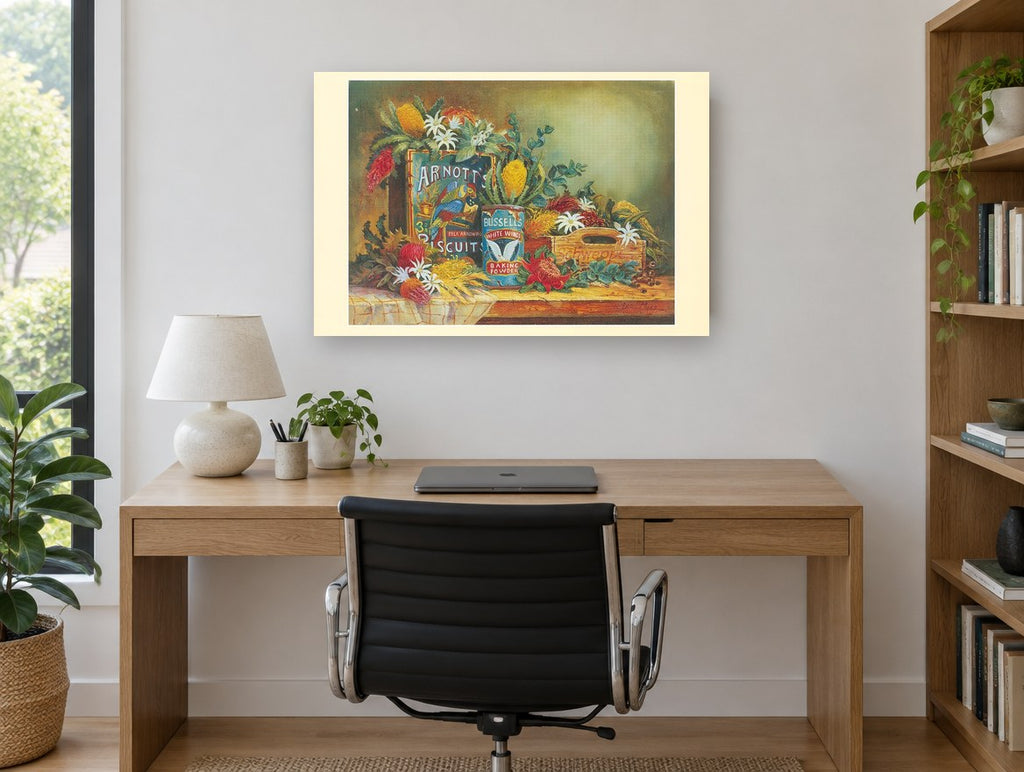 Native Blooms and Old Tins floral canvas print on the wall of a study