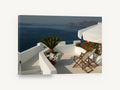 Terrace Above the Caldera, whitewashed terrace sea view photograph, coastal canvas wall art print ready to hang