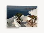 Terrace Above the Caldera, whitewashed terrace sea view photograph, coastal canvas wall art print ready to hang