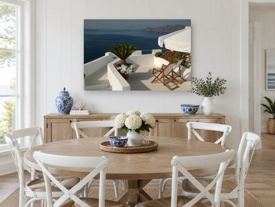 Terrace Above the Caldera coastal canvas print on the wall of a Hamptons dining room