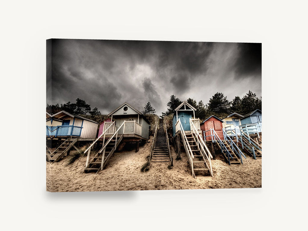 Stormy Beach Hut Stairs, beach huts stormy sky photograph, coastal canvas wall art print ready to hang
