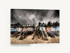 Stormy Beach Hut Stairs, beach huts stormy sky photograph, coastal canvas wall art print ready to hang
