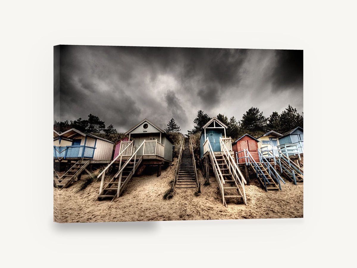 Stormy Beach Hut Stairs, beach huts stormy sky photograph, coastal canvas wall art print ready to hang