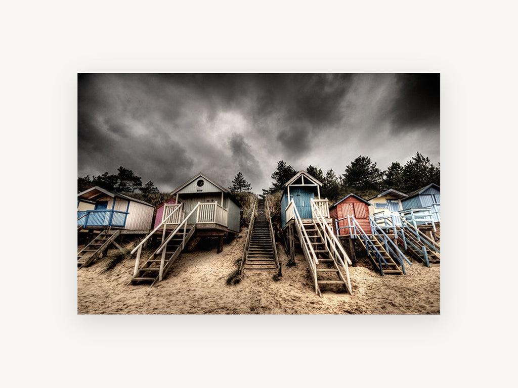 Stormy Beach Hut Stairs, coastal canvas wall art print, front view