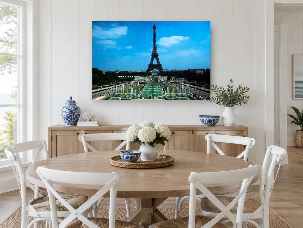 Trocadéro Fountains View city canvas print on the wall of a Hamptons dining room