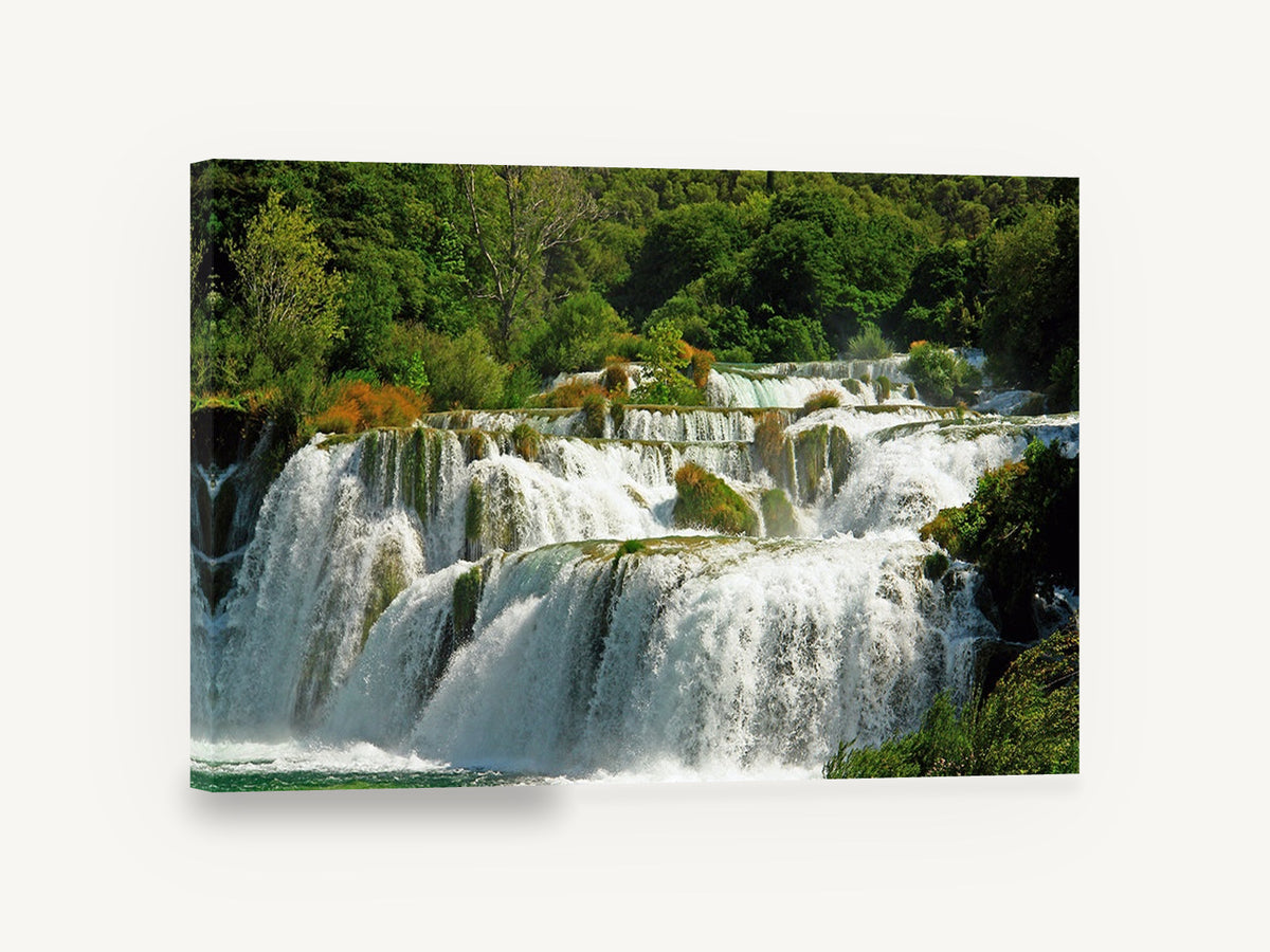 Terraced Falls Cascade, terraced waterfall forest photograph, landscape canvas wall art print ready to hang