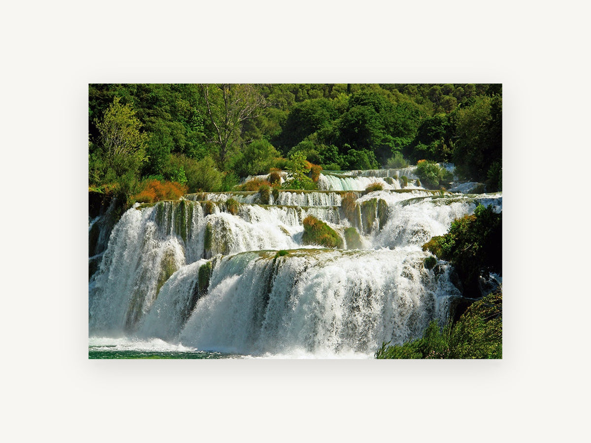Terraced Falls Cascade, terraced waterfall forest photograph, landscape canvas wall art print, front view