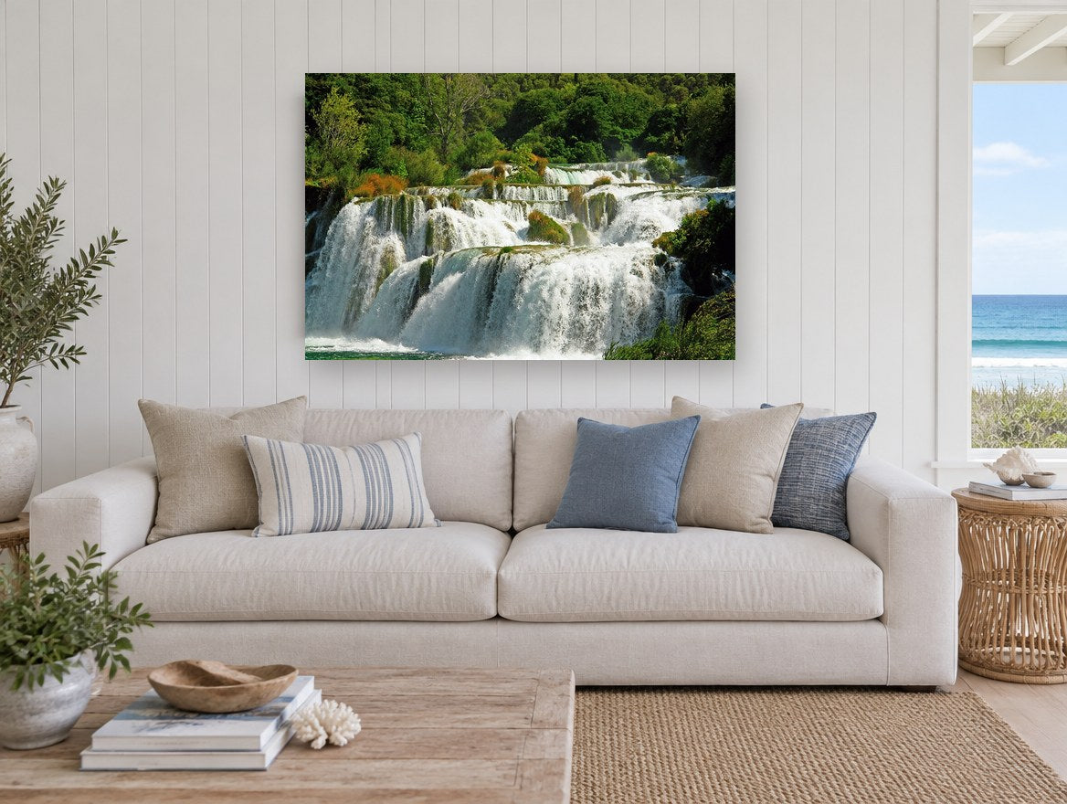 Terraced Falls Cascade landscape canvas print on the wall of a beach house living room