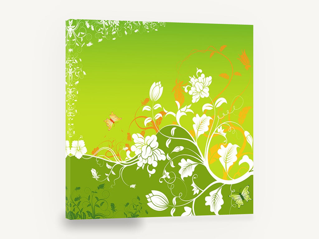 Green Meadow Swirl, green and white floral vector butterflies, floral canvas wall art print ready to hang