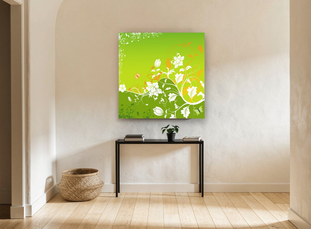 Green Meadow Swirl floral canvas print on the wall of a hallway