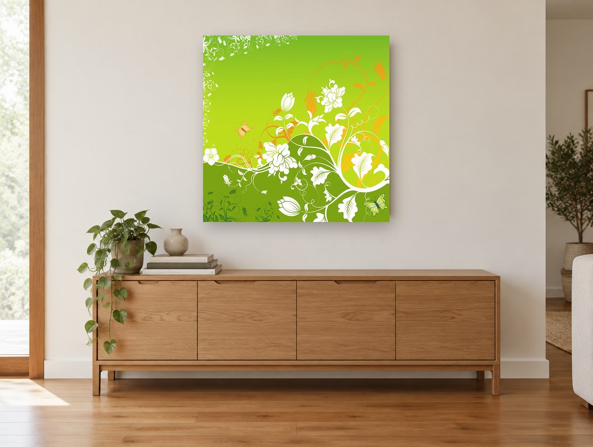 Green Meadow Swirl floral canvas print on the wall of a living room above a sideboard