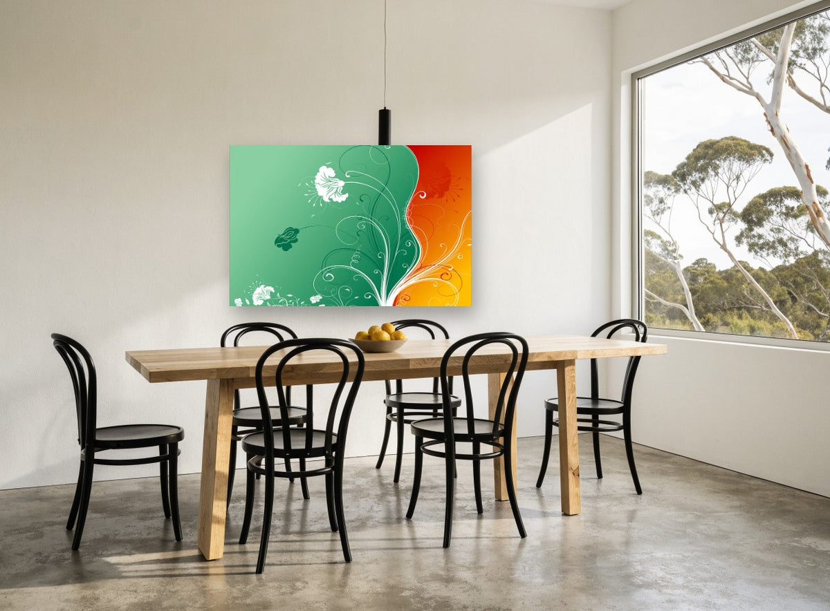 Swirling Green and Amber floral canvas print on the wall of a dining room