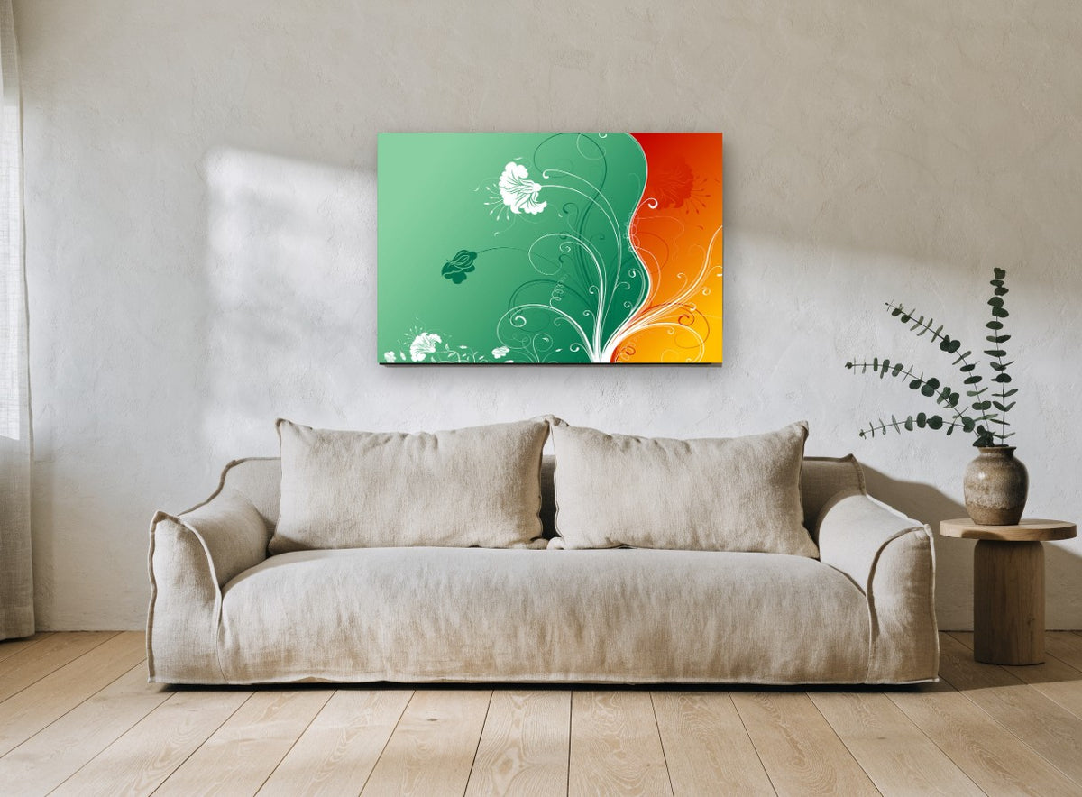 Swirling Green and Amber floral canvas print on the wall of a living room