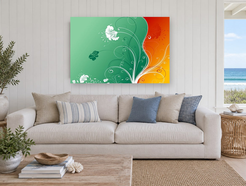 Swirling Green and Amber floral canvas print on the wall of a beach house living room