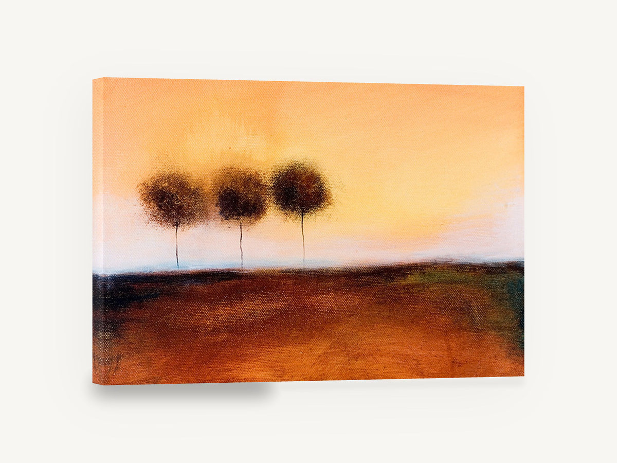 Three Trees at Dusk, three trees amber sky landscape painting, floral canvas wall art print ready to hang