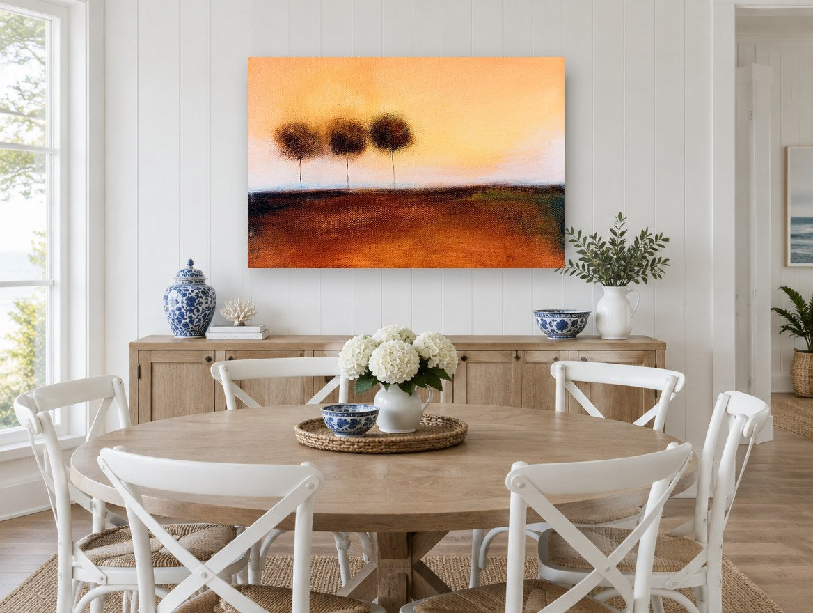 Three Trees at Dusk floral canvas print on the wall of a Hamptons dining room