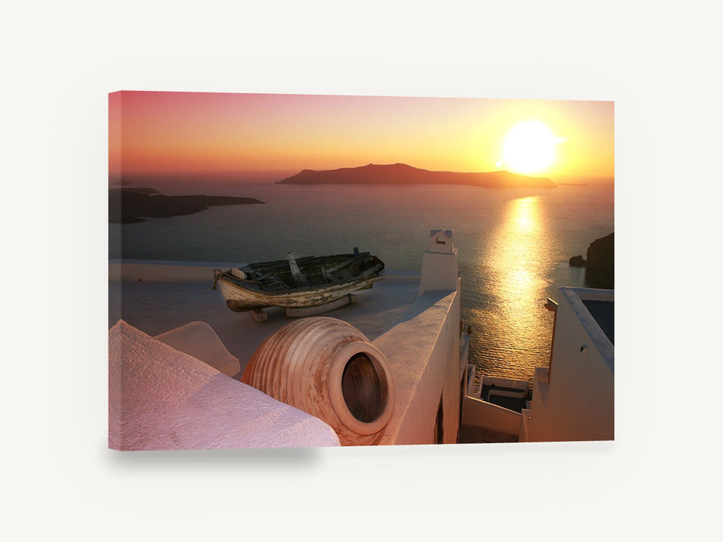 Rowboat Rooftop Sunset, greek island sunset seascape photograph, coastal canvas wall art print ready to hang