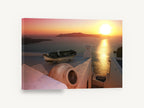 Rowboat Rooftop Sunset, greek island sunset seascape photograph, coastal canvas wall art print ready to hang
