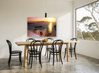 Rowboat Rooftop Sunset coastal canvas print on the wall of a dining room