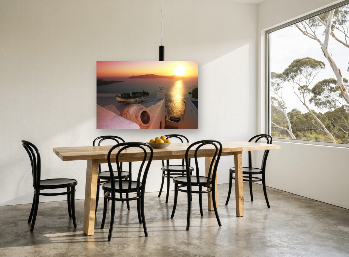 Rowboat Rooftop Sunset coastal canvas print on the wall of a dining room
