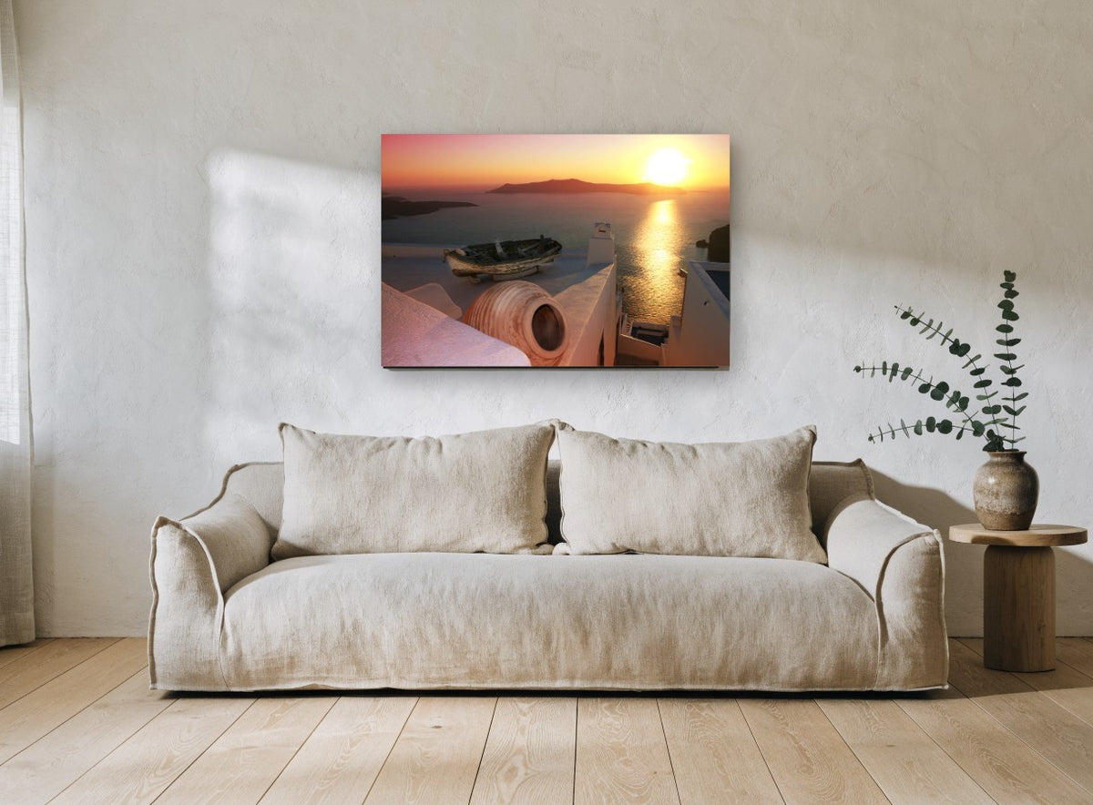 Rowboat Rooftop Sunset coastal canvas print on the wall of a living room