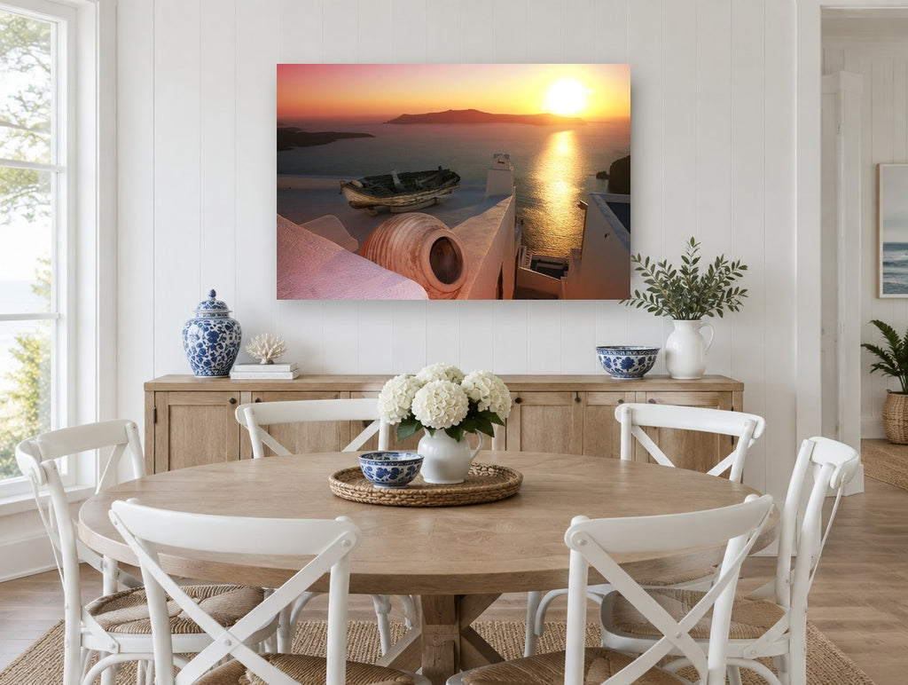 Rowboat Rooftop Sunset coastal canvas print on the wall of a Hamptons dining room