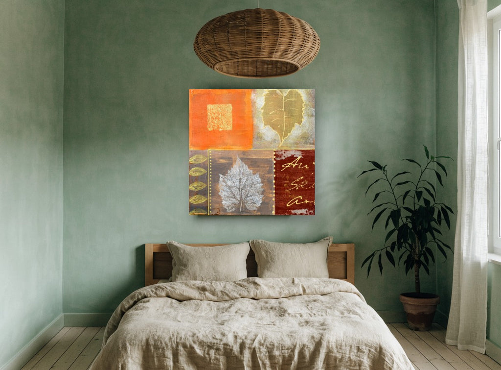 Autumn Leaf Patchwork floral canvas print on the wall of a bedroom