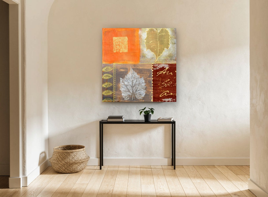 Autumn Leaf Patchwork floral canvas print on the wall of a hallway