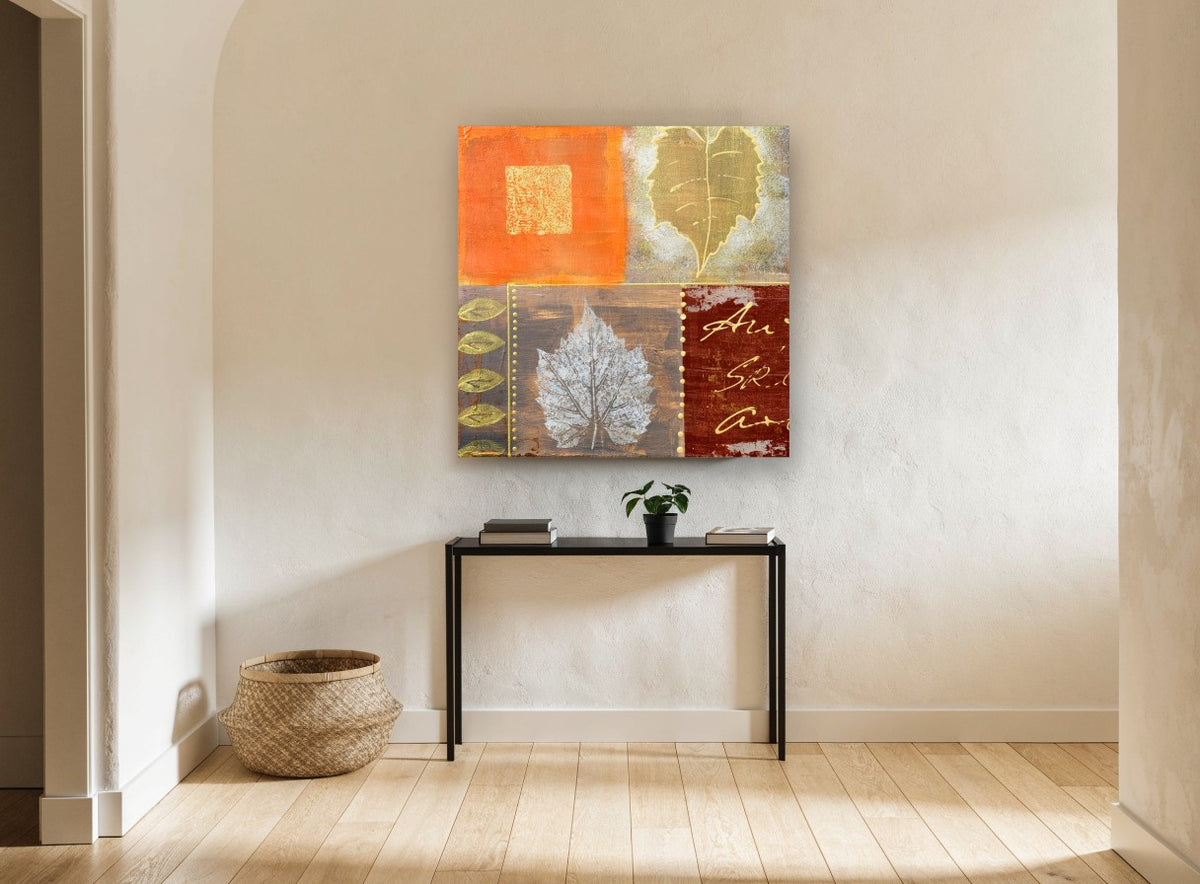Autumn Leaf Patchwork floral canvas print on the wall of a hallway