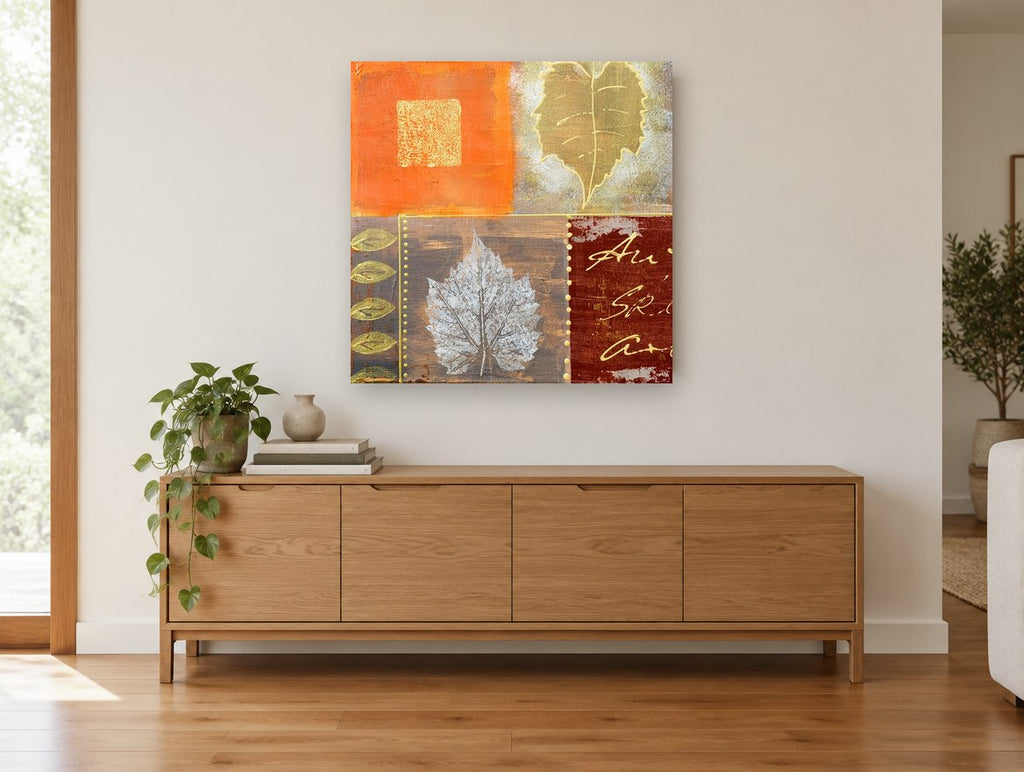 Autumn Leaf Patchwork floral canvas print on the wall of a living room above a sideboard