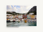 Hillside Harbour Moorings, colourful harbour boats hillside village photograph, coastal canvas wall art print ready to hang