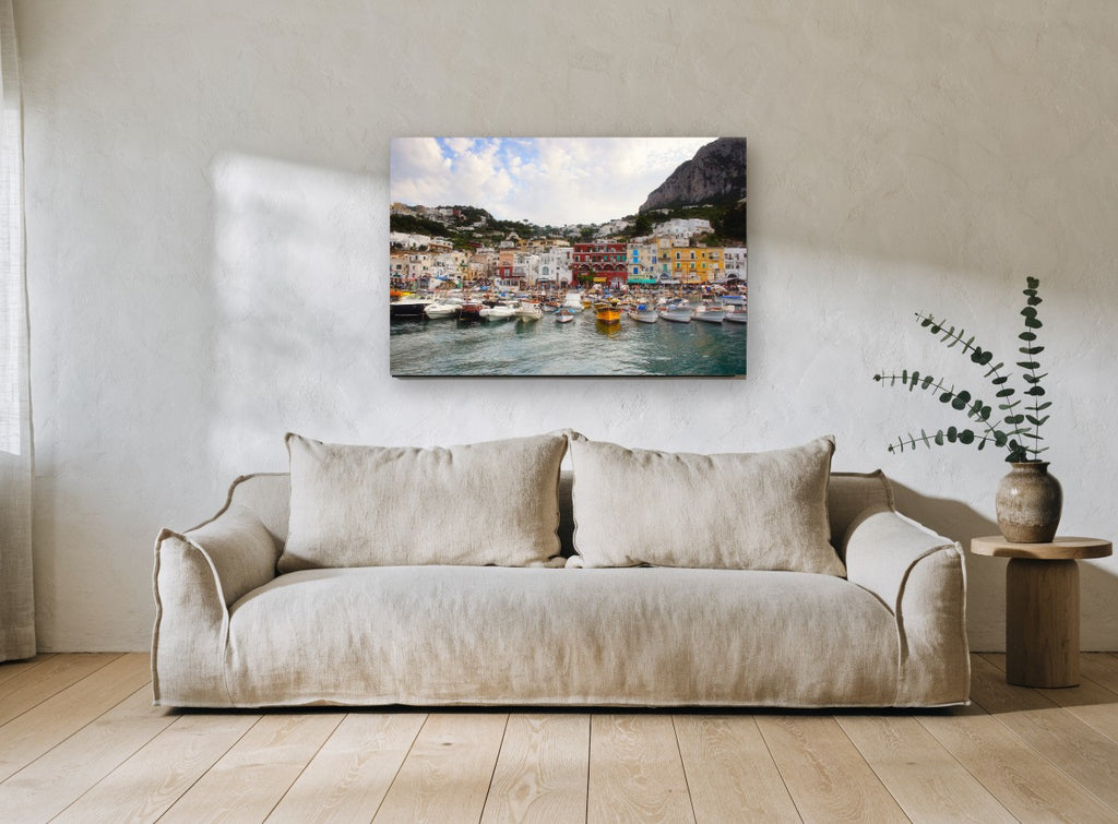 Hillside Harbour Moorings coastal canvas print on the wall of a living room