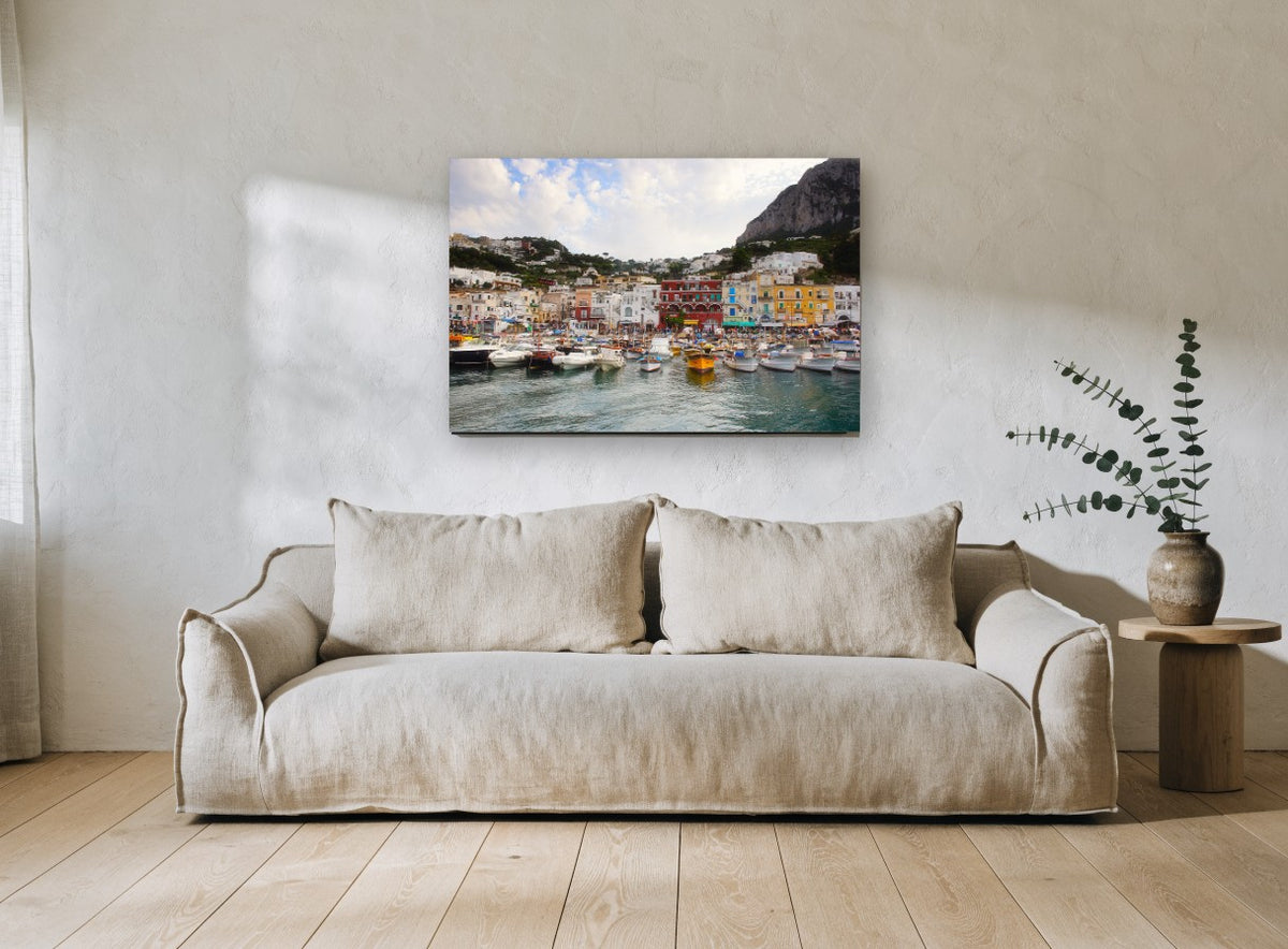 Hillside Harbour Moorings coastal canvas print on the wall of a living room