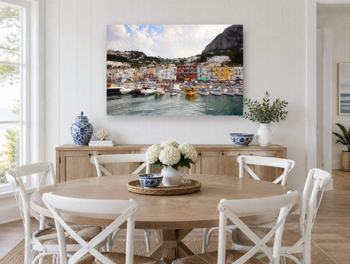 Hillside Harbour Moorings coastal canvas print on the wall of a Hamptons dining room