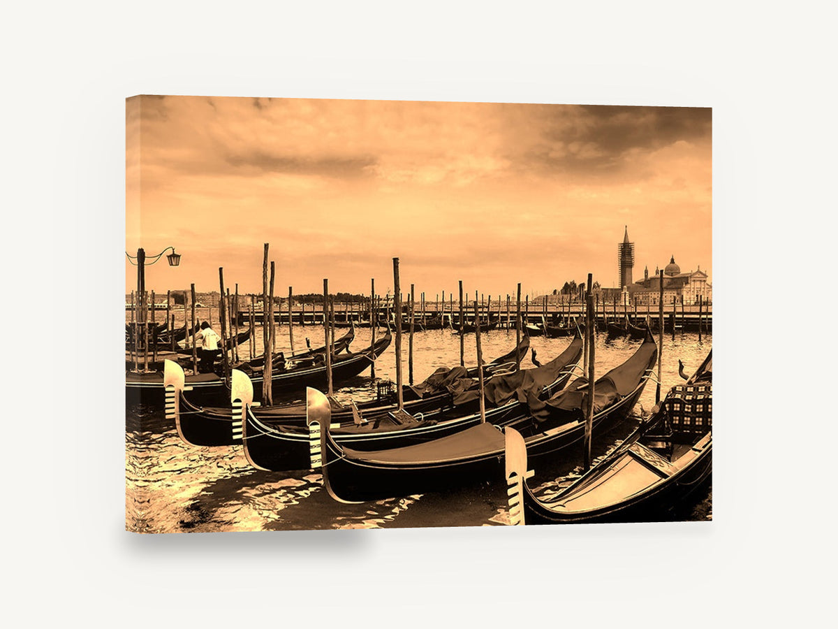 Sepia Gondolas at Rest, venice gondolas sepia photograph, coastal canvas wall art print ready to hang