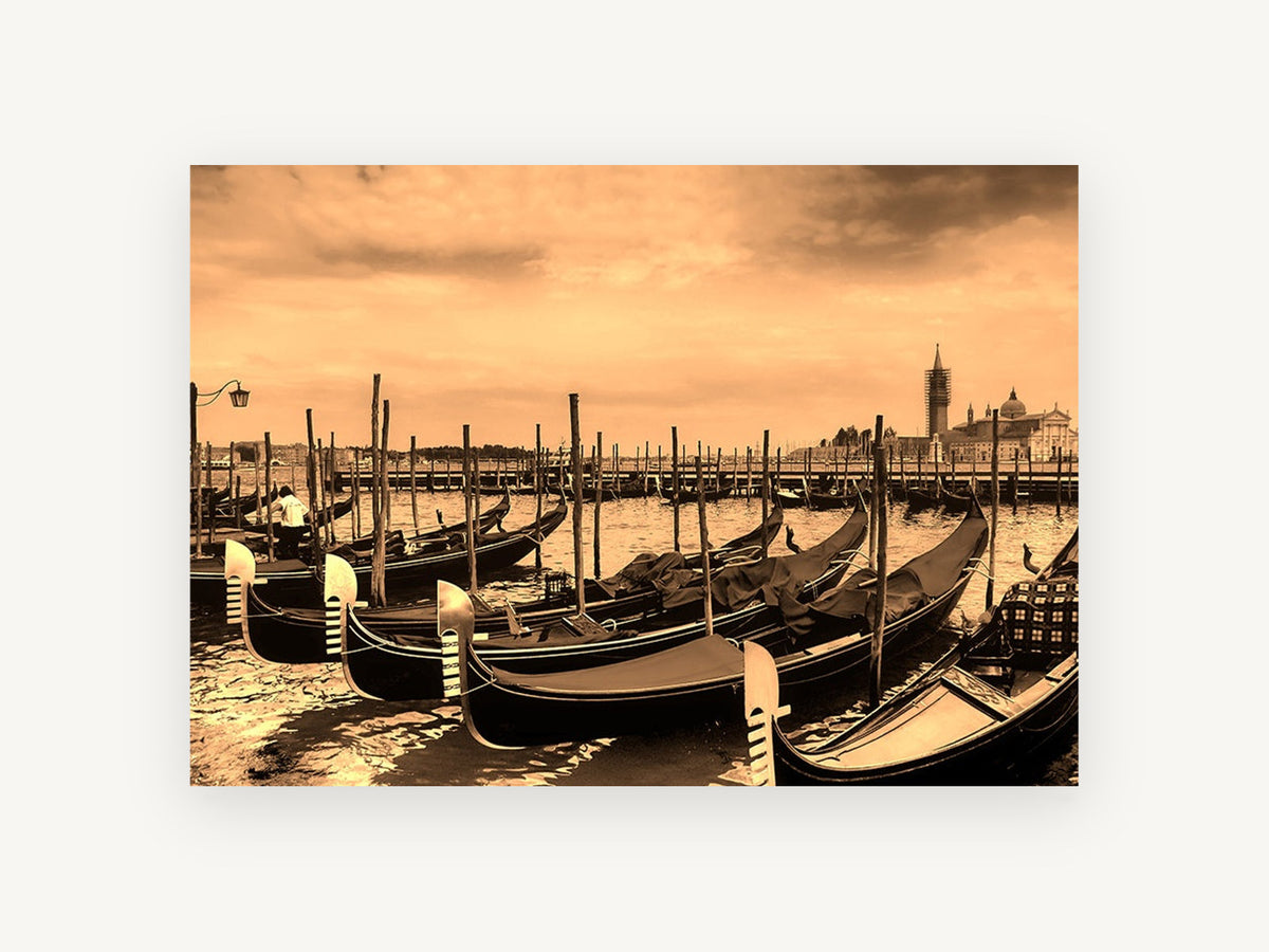 Sepia Gondolas at Rest, coastal canvas wall art print, front view