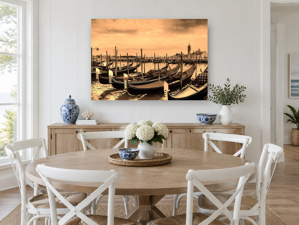 Sepia Gondolas at Rest coastal canvas print on the wall of a Hamptons dining room