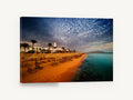 Dusk Over Straw Umbrellas, resort beach umbrellas dusk photograph, coastal canvas wall art print ready to hang