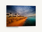 Dusk Over Straw Umbrellas, resort beach umbrellas dusk photograph, coastal canvas wall art print ready to hang