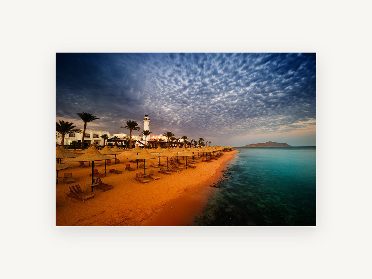 Dusk Over Straw Umbrellas, coastal canvas wall art print, front view