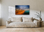 Dusk Over Straw Umbrellas coastal canvas print on the wall of a living room