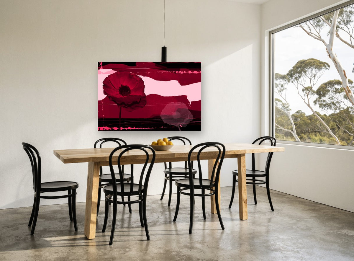 Crimson Poppy Collage floral canvas print on the wall of a dining room
