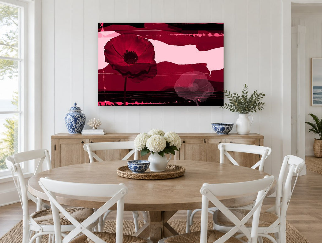 Crimson Poppy Collage floral canvas print on the wall of a Hamptons dining room