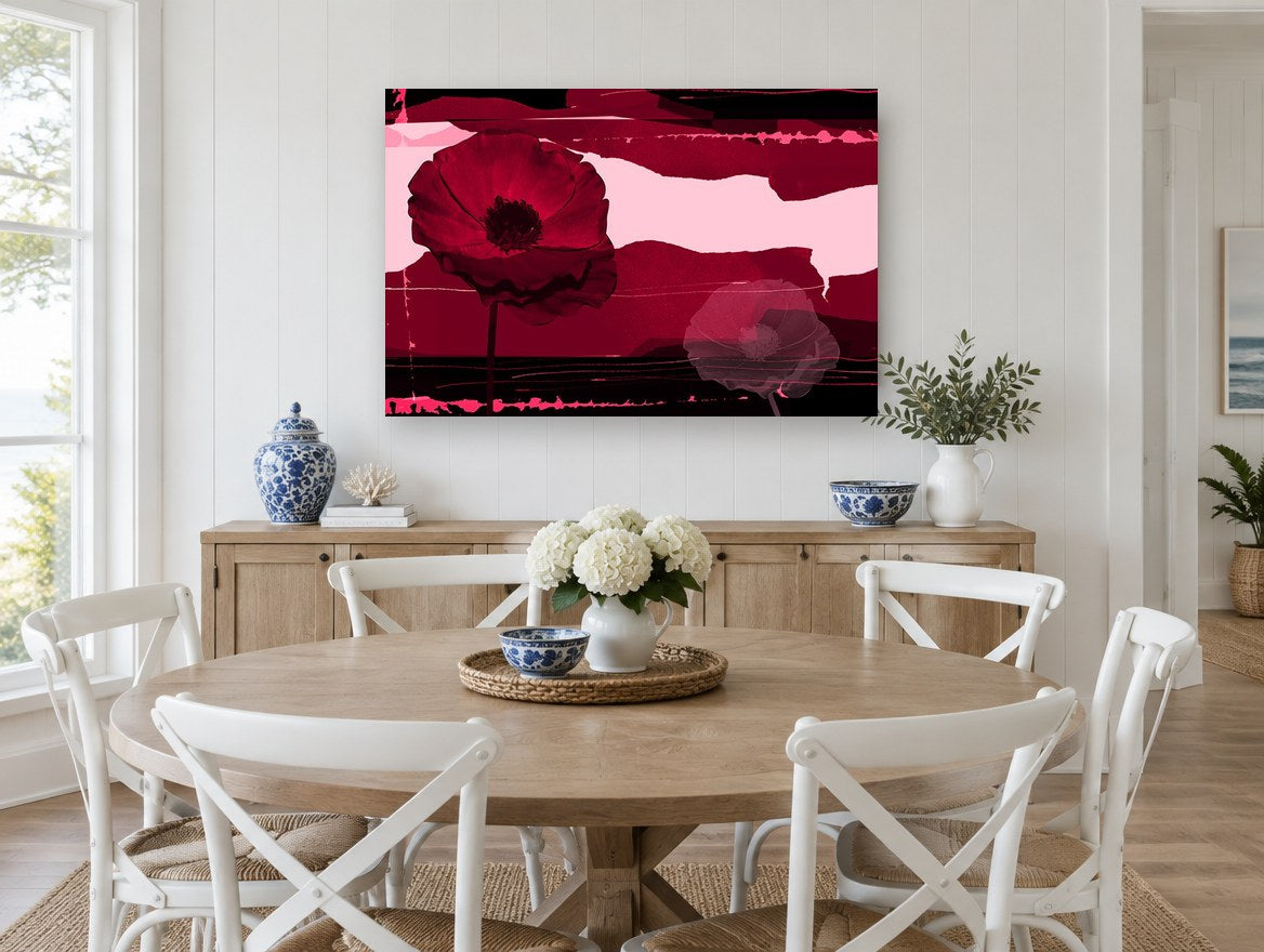 Crimson Poppy Collage floral canvas print on the wall of a Hamptons dining room
