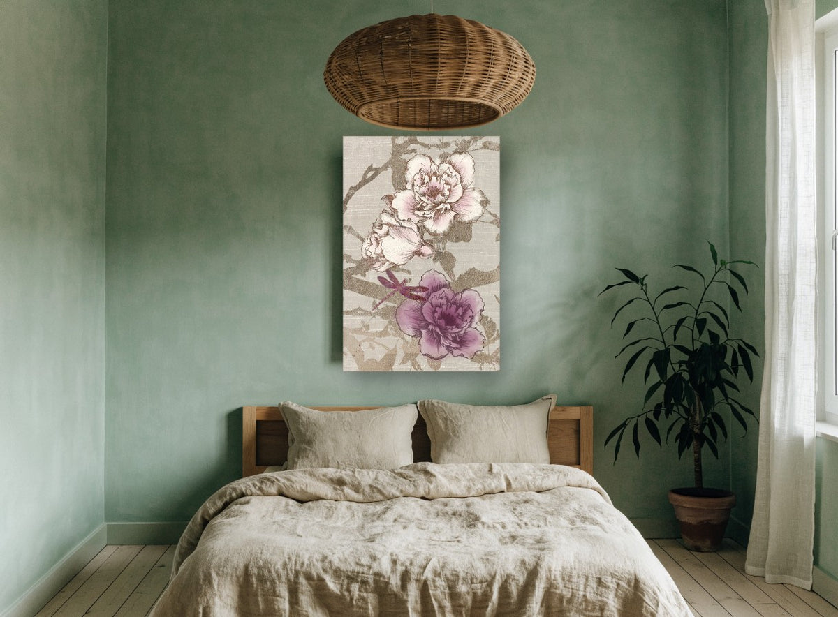 Gilded Peony Dragonfly floral canvas print on the wall of a bedroom