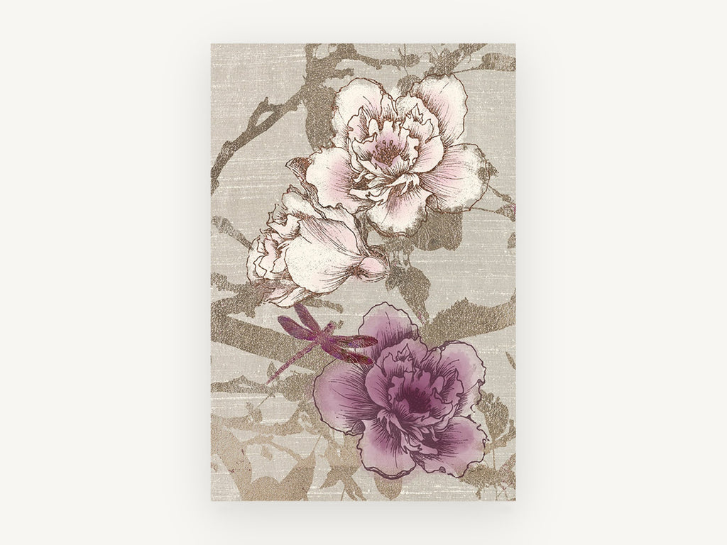 Gilded Peony Dragonfly, floral canvas wall art print, front view