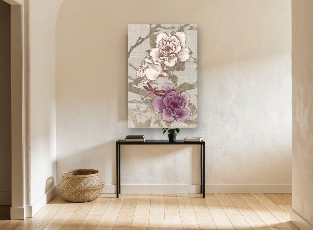 Gilded Peony Dragonfly floral canvas print on the wall of a hallway