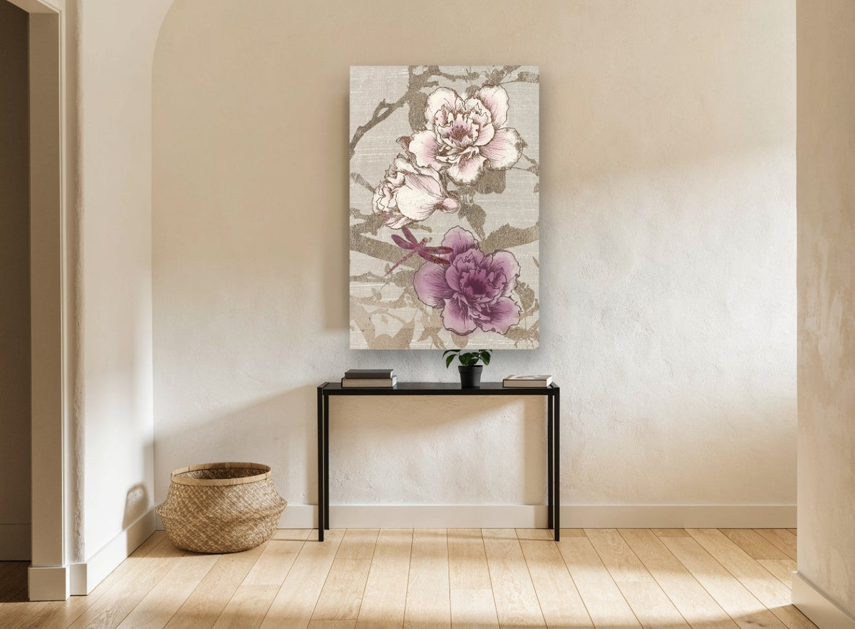 Gilded Peony Dragonfly floral canvas print on the wall of a hallway