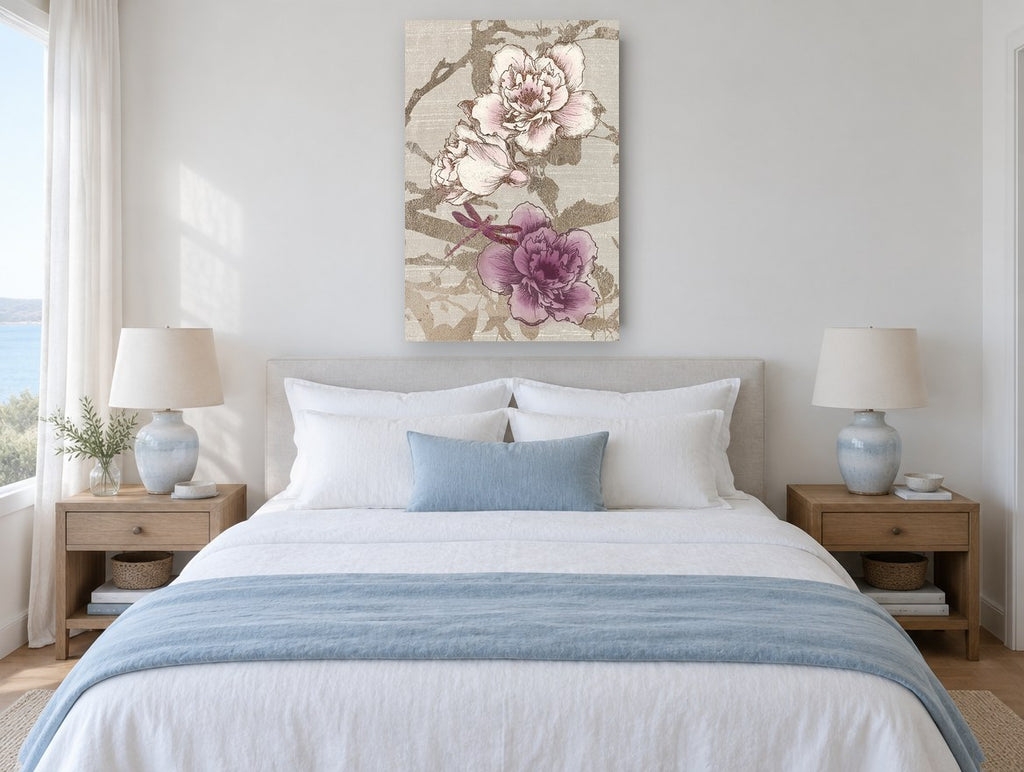 Gilded Peony Dragonfly floral canvas print on the wall of a coastal bedroom